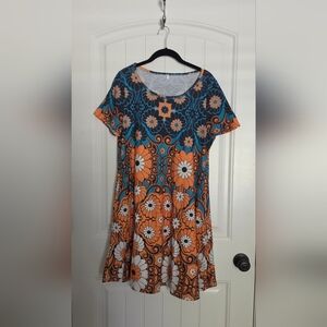 Floral Scoop Neck A-Line Dress in Orange & Teal